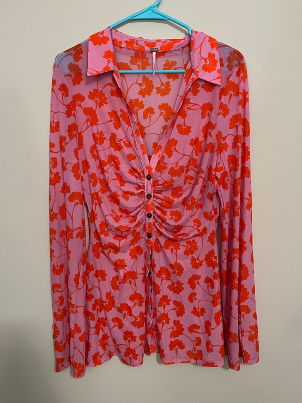 Free People Pink Long Sleeve Floral Button-Front Top with Orange Print